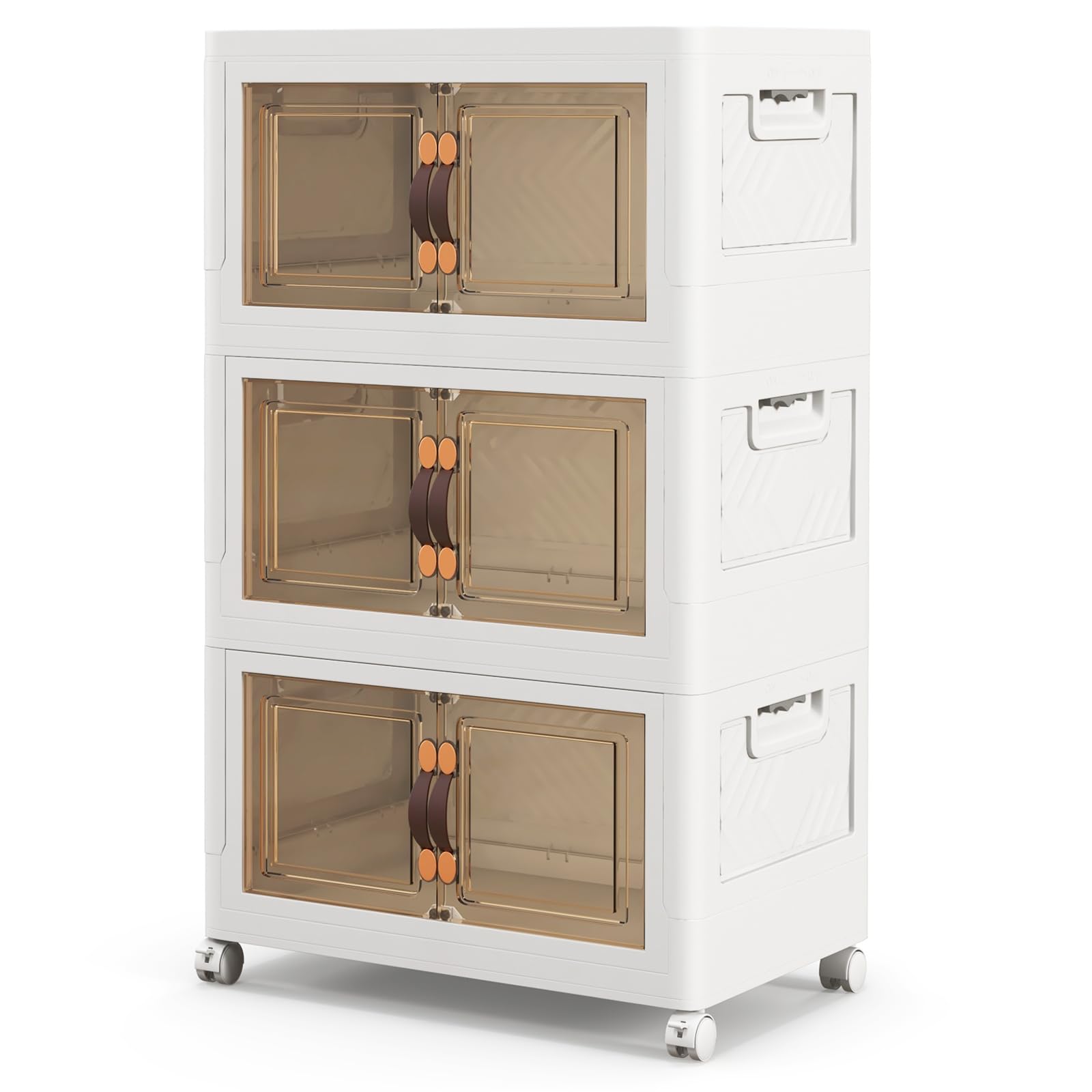 COSTWAY Folding Shoe Storage Cabinet, 3/4/5 Tier Stackable Storage Box with Lockable Wheels, Lids & Doors, Freestanding Storage Bin for Living Room Bedroom (44 x 31 x 77 cm, 3 Tiers)