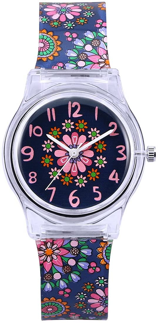 Child Time Teacher Watch Little Girls Kids Waterproof Analogue Quartz Purple Wrist Watches with Lovely 3D Butterfly Strap (A lot of Flowers)