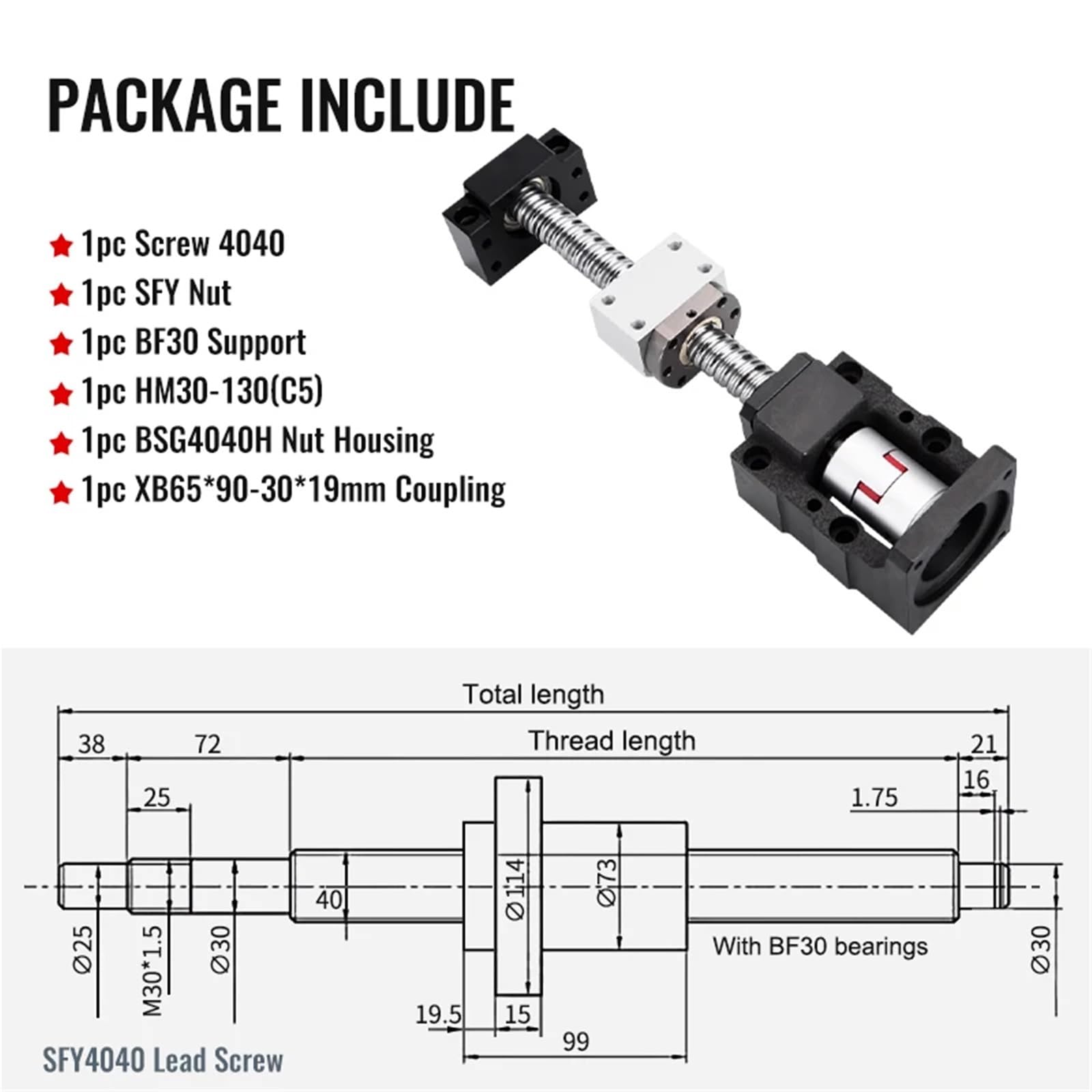 1PC Ball Screw Nut Set SFY3232 4040 with SFY Nut and End Fix Bearing HM25/30 for Nema 42/52 Stepper/Servo Motor+BF25/30+Coupler(SFY4040 for nema52C5,1200mm)