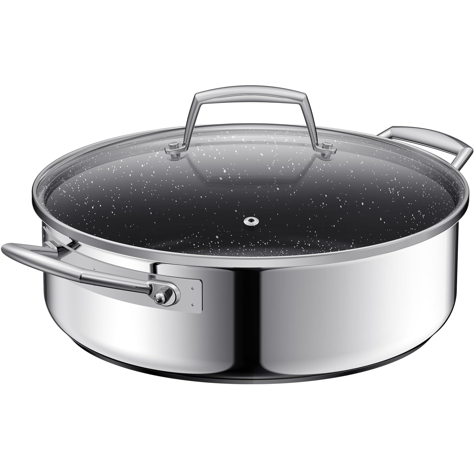 BEZIA Cacerola Baja Inducción 5.2 L Acero Inoxidable 18/10 Tapa Cristal | Bordes altos, todo tipo de cocinas, horno, Cerámica antiadherente sin PTFE, ideal para guisar, freír, asar y cocinar a diario