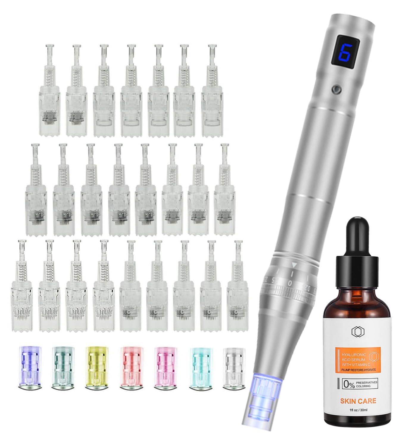 Dermapen Elektrische Microneedling Pen Micronadeln Pen 0-2,5mm mit LED Licht, Microneedle Haut Reparatur & Hyaluron Serum mit Vitamin C, E Hochkonzentriert, (Inkl. 24 Nadeln Patronen)