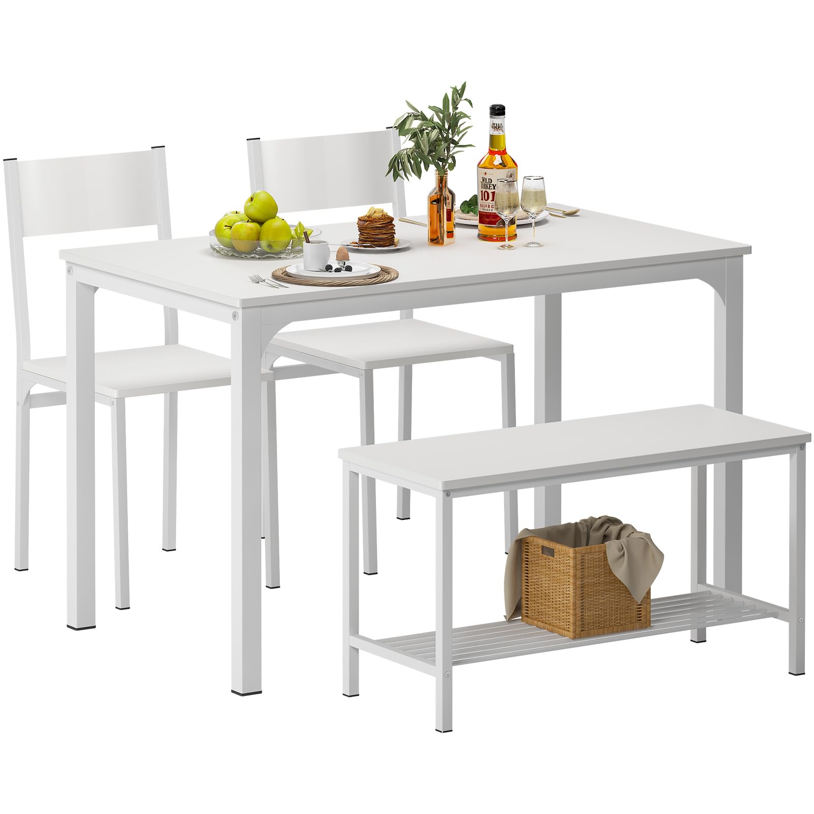 Ensemble Table de Salle à Manger avec 2 Chaises et 1 Banc Cadre en Acier Blanc pour 4 Personnes