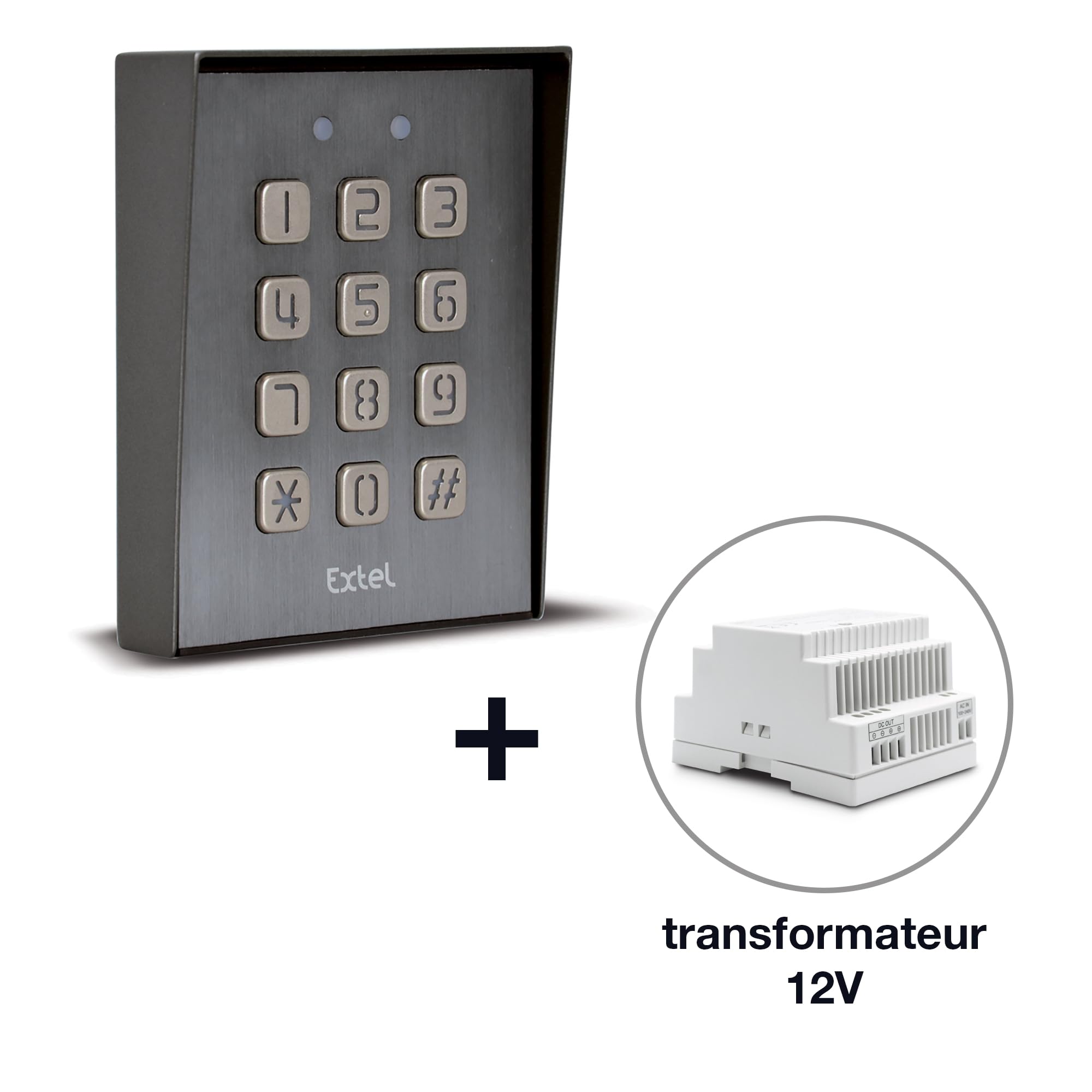 Extel Teclado Numérico Cableado para Portón, Garaje y Cerradura | Contacto seco, código de 4 a 8 cifras, relé ajustable de 1 a 99 s, retroiluminación, IP44, visera y transformador incluidos.
