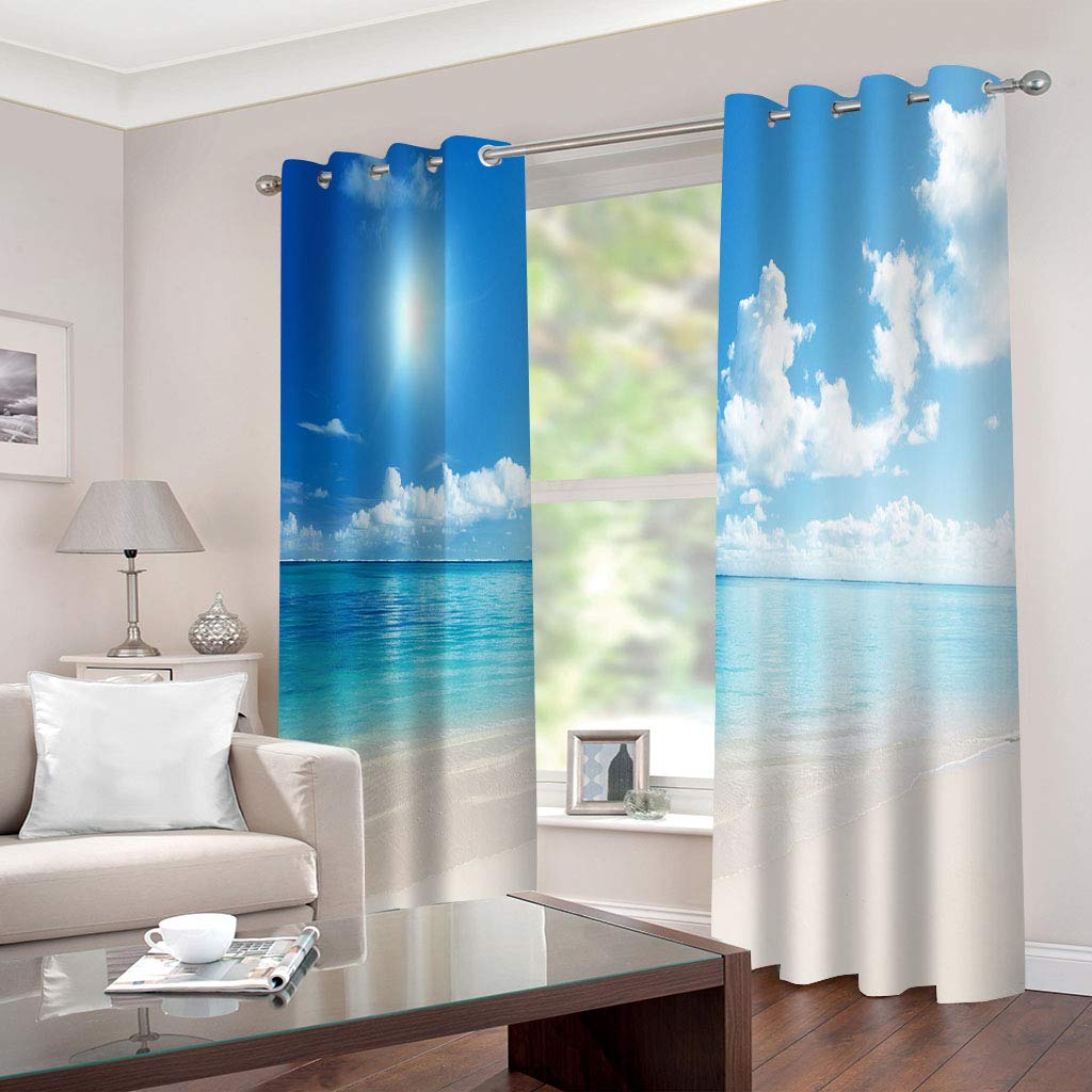 Rideaux Et Draperies Intérieurs 3D Ciel Bleu Nuage Blanc Vue Mer Motif Rideau Occultant À Oeillets Decoration Salon Chambre Maison pour Enfant Adulte 2 Pièces 280x160Cm Design Moderne Imprimé