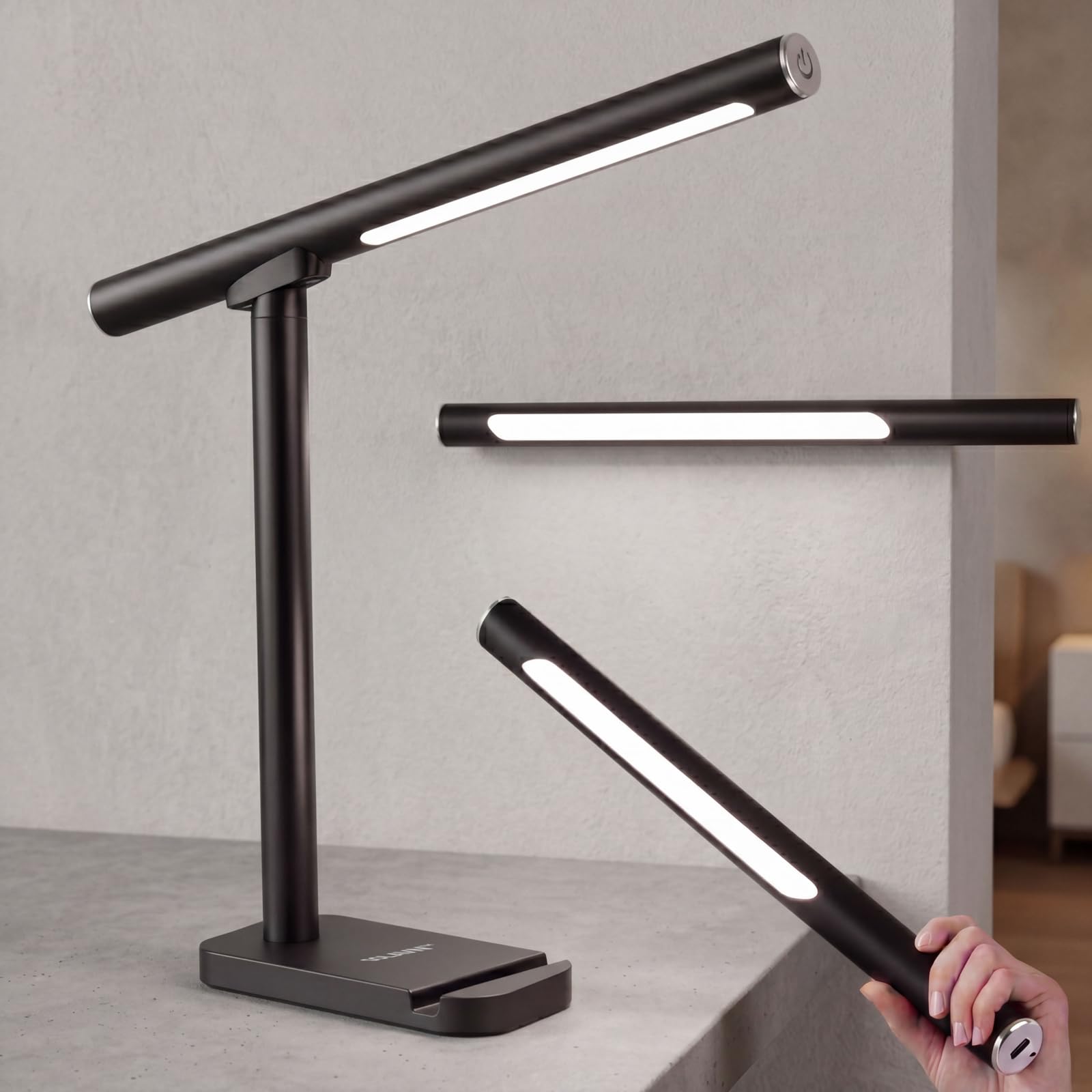 SOLAVN Cordless Rechargeable Desk Lamp, Matte Black 3-in-1 Magnetic Table Lamp with Detachable Light Bar, USB-C Touch Dimmable 3000K-6500K, 7W 360° Reading and Bedside Lamp