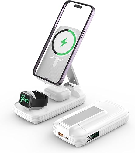 BezosMax - Estación de carga inalámbrica 5 en 1 con banco de energía de 10000 mAh, pantalla digital, magnética, automática de 20 W, estación de