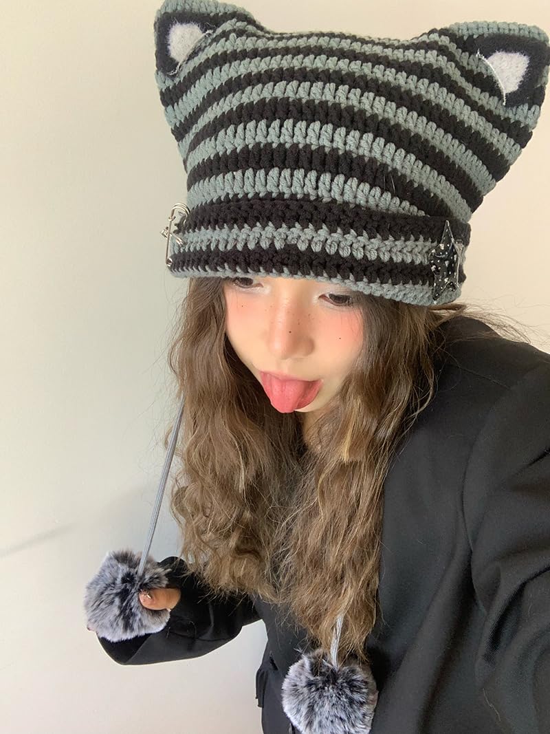 Y2k Beanie Cat Ear Gyaru Acubi Devil Crochet Hats Cute