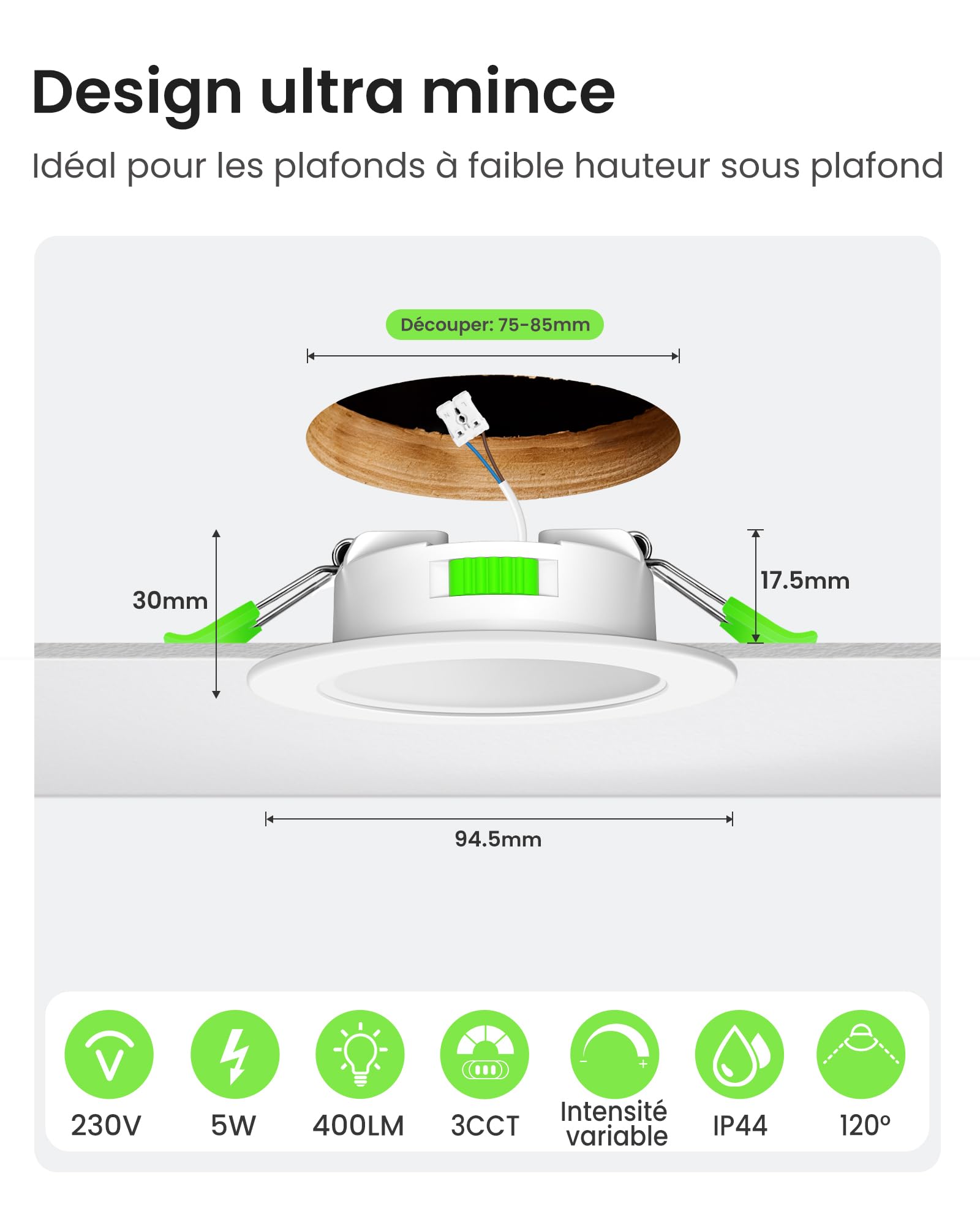 ALUSSO LED Spot Encastrable Extra Plat 5W 400 Lumen Dimmable 3000K 4000K 6500K IP44 Lot de 12
