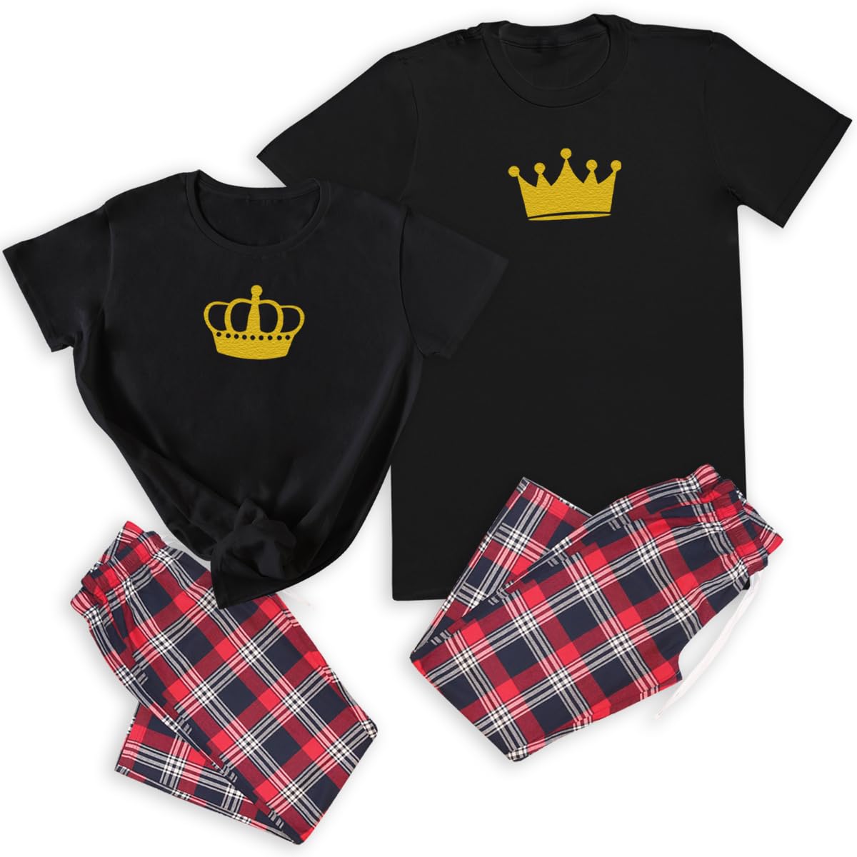 The Gift Project King & Queen Crowns - Couples Matching Pyjamas - Top & Tartan PJ Bottoms - (Sold Separately) Black