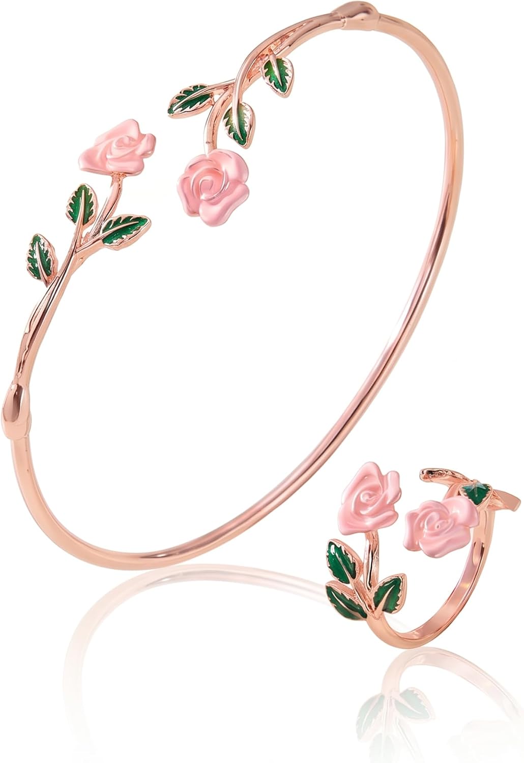 Pink Bracelet for Women Adjustable Rose Gold Tone Cuff and Vintage Flower Rings Set Delicate Enamel Floral Accessories Romantic Fairy Tale Jewelry Gifts