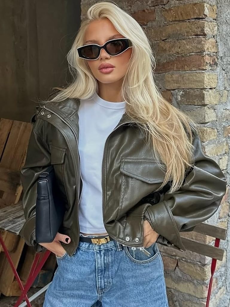 Green Leather Jacket Women Cropped Stand Collar Zip Up Olive Green Leather Bomber Jacket Women Trendy 2026 - Image 3