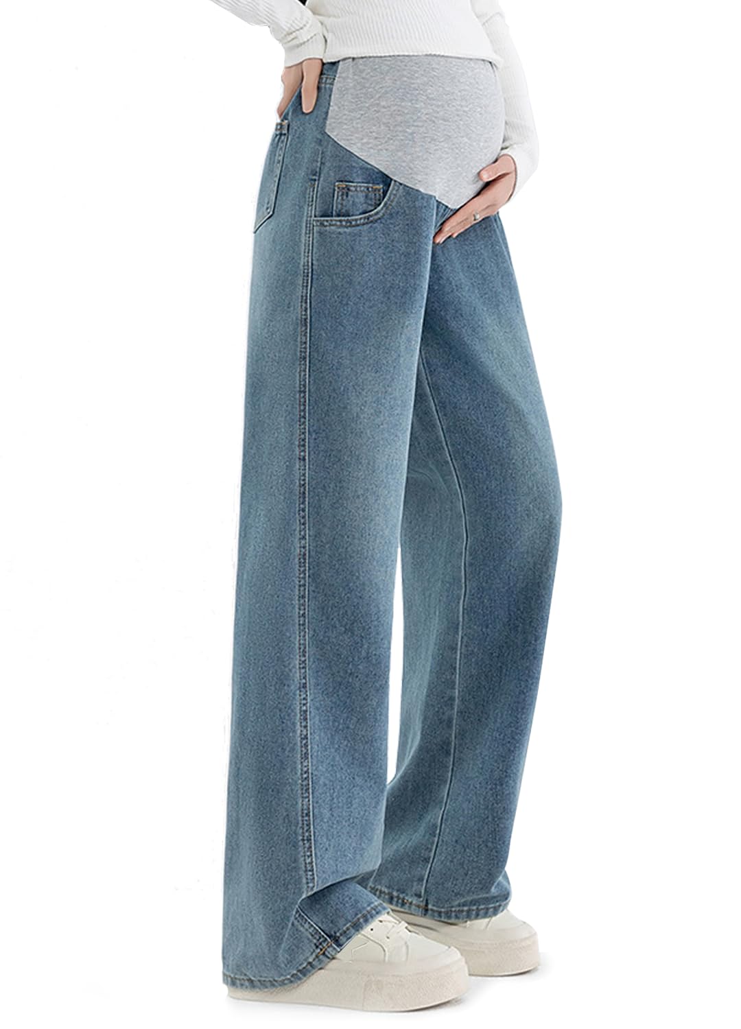 Alled Maternité Jeans, Pantalon Maternité Jambes Larges Réglable élastique Taille,Jeans Grossesse Lâche avec des Poches Pantalon Décontracté