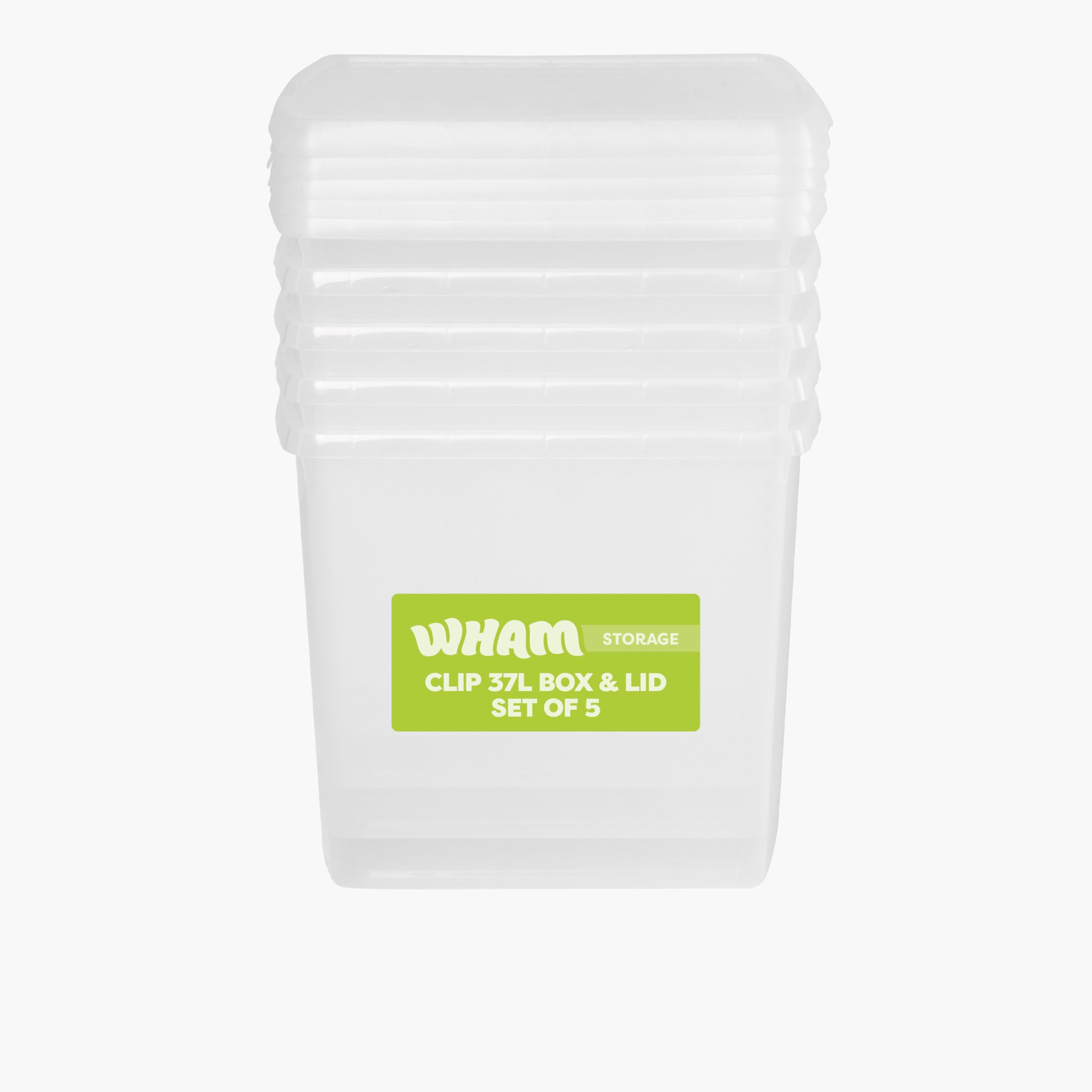 Wham Clip 5 x 37L Square Stackable Plastic Storage Boxes with Lids | Ideal for Home, Office, Toys & More | Storage Containers with Clip Locks | Made in UK - Clear/Clear
