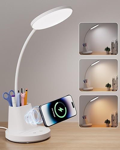 Miniatura 1 de hansang Lámpara de escritorio LED con cargador inalámbrico para oficina en casa, regulable continuamente, 3 modos de color, lámpara de estudio