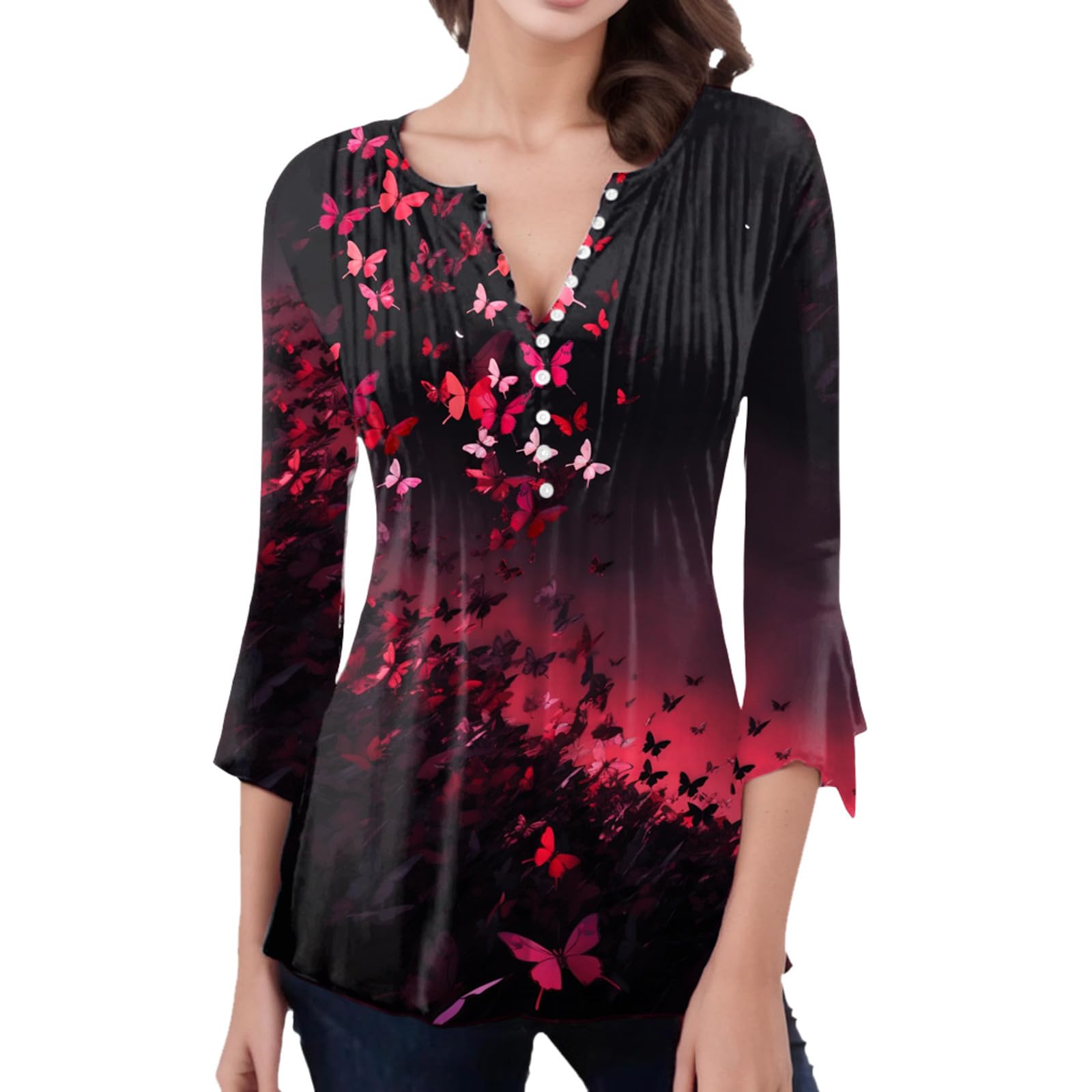 RUIRUILICO Blusas de mujer de manga 3/4 elegante túnica tops de flores coloridas impresión camisa fluida 3/4 mangas campanas blusas túnica tops casual blusa de verano