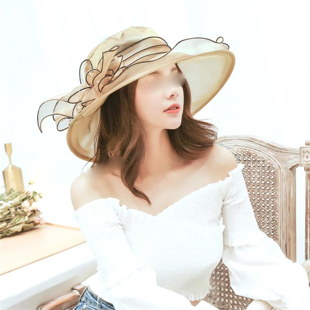 Yeuyyben Cappello da donna elegante con fiocco estivo in organza a tesa larga cappelli per protezione solare per donne chiesa matrimonio spiaggia cappello da sole pieghevole