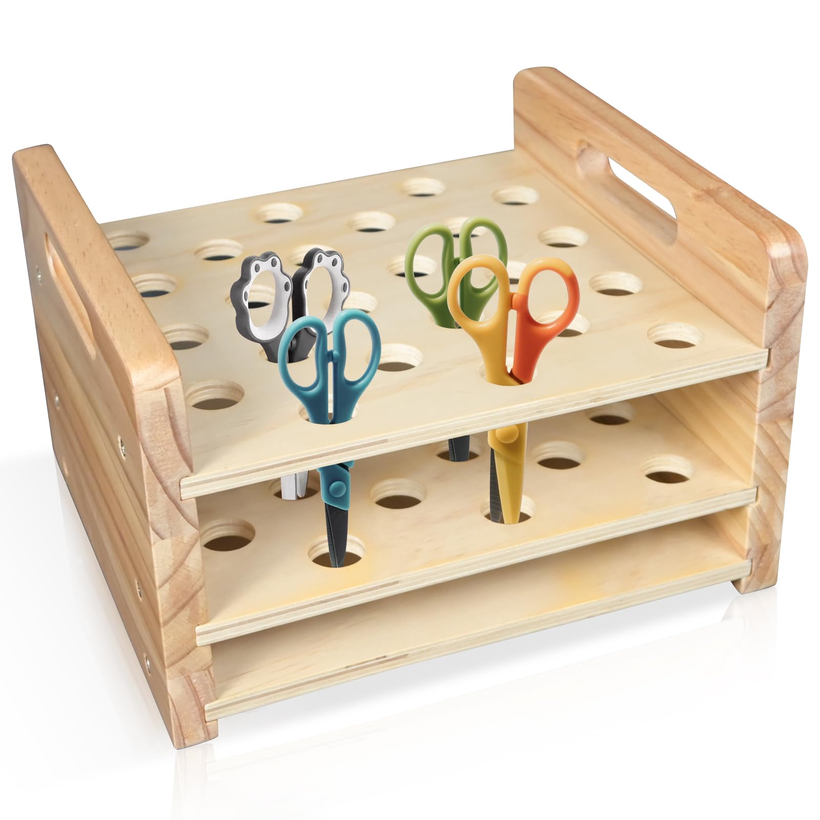 Supporto per forbici in legno, 24 fori, in legno naturale, organizer per sopracciglia, penne, pennelli da trucco, organizer da scrivania per aule, ufficio, barbiere, casa