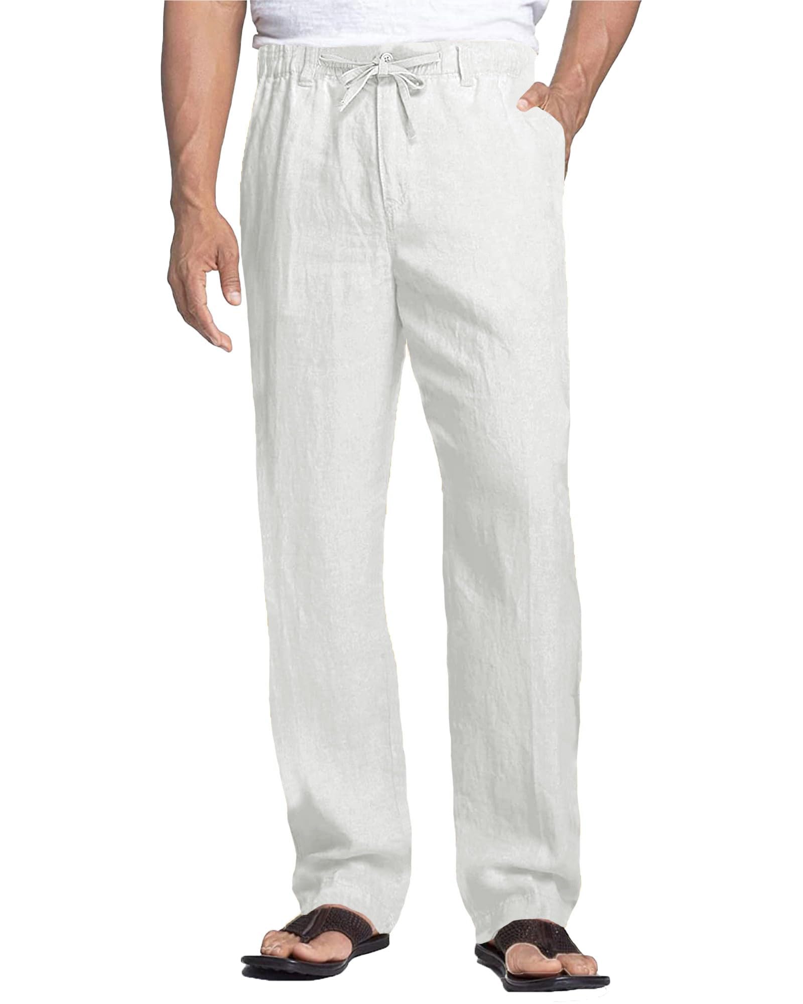 Cegerne Pantaloni di Lino Uomo Estivo Lungo Leggero Casual, Vita Elastica Zip e Coulisse, Tasche Traspiranti per Spiaggia Vacanze Quotidiano
