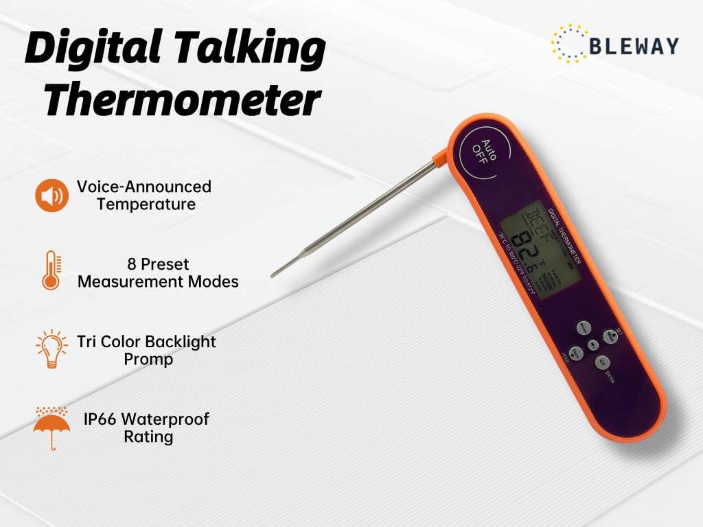 BLEWAY Digital Talking Thermometer for The Blind, Waterproof Instant Read Food Thermometer with Talking Function