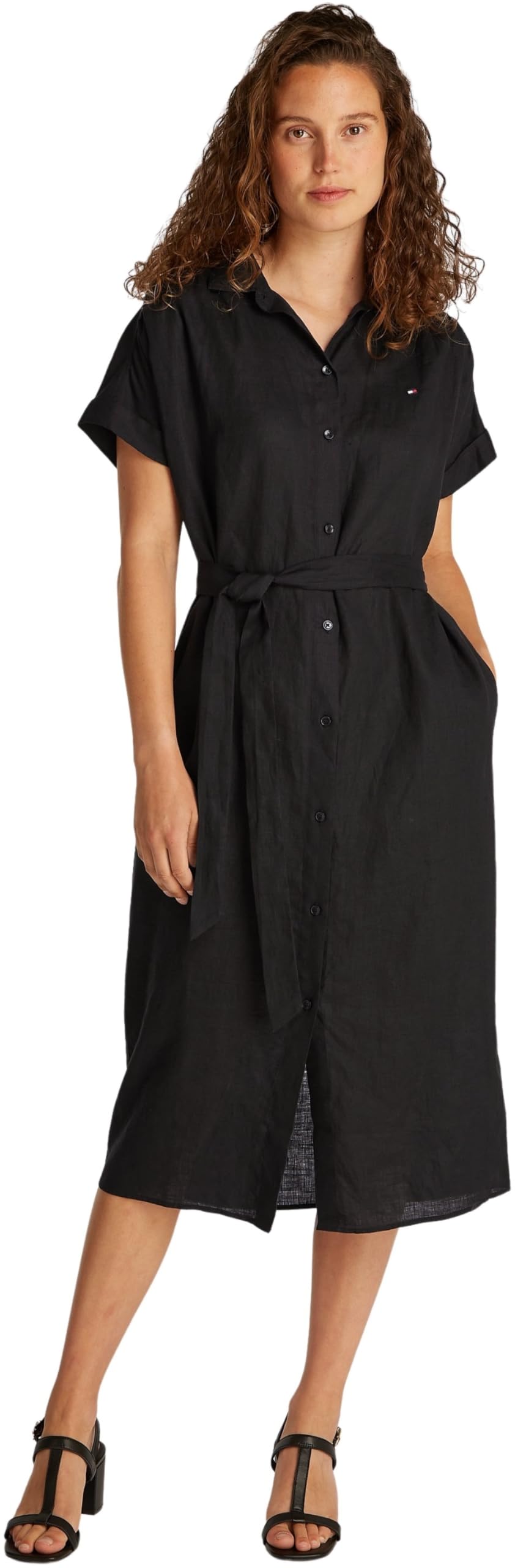 Tommy Hilfiger Donna Chemisier Linen Belted Maniche Corte