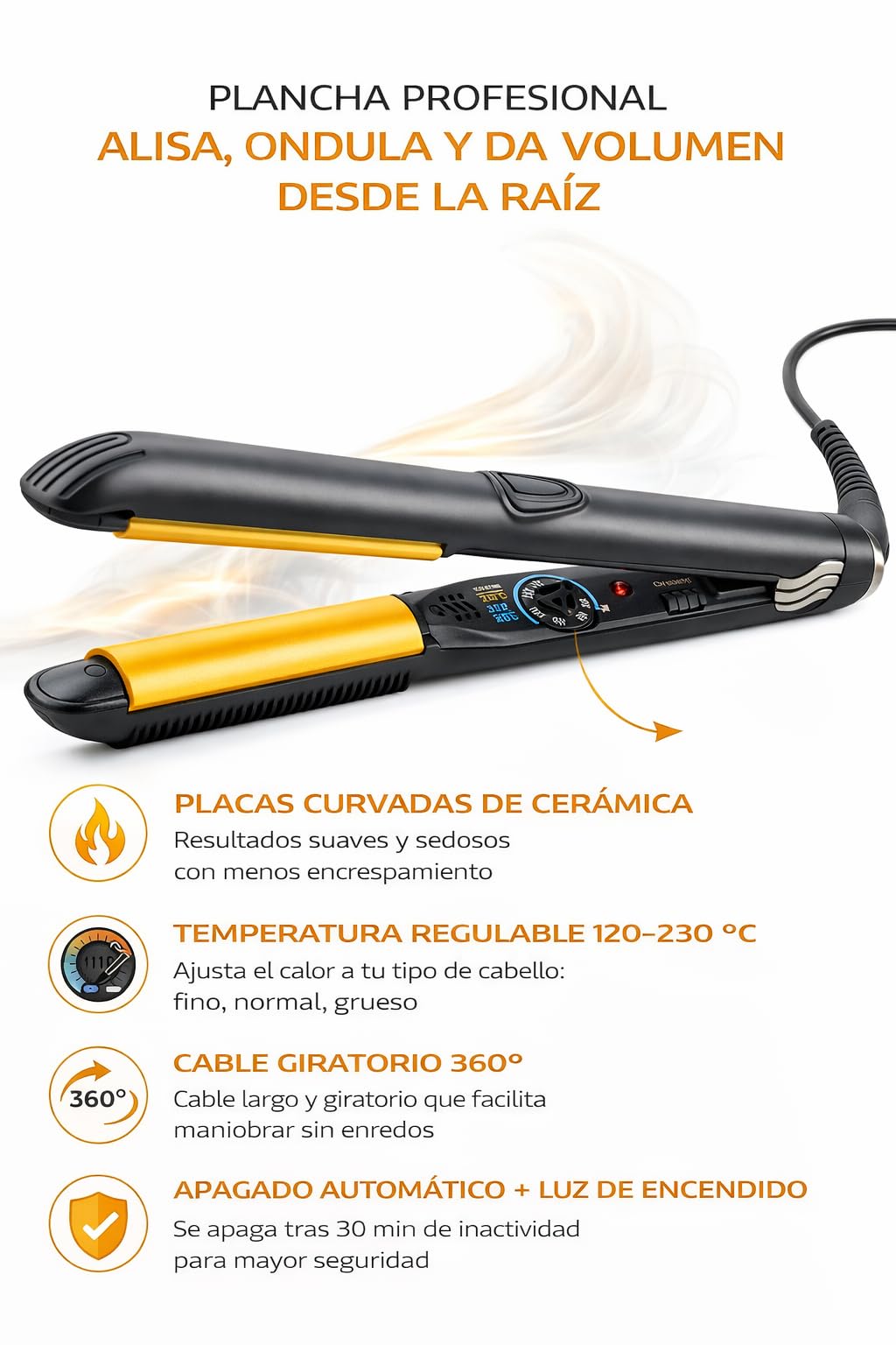 Gold Styler Volume Round Plancha de Pelo Profesional – Placas Curvadas de Cerámica – Temperatura Regulable 120 °C – 230 °C – Cable 360° – Alisa, Ondula y Da Volumen