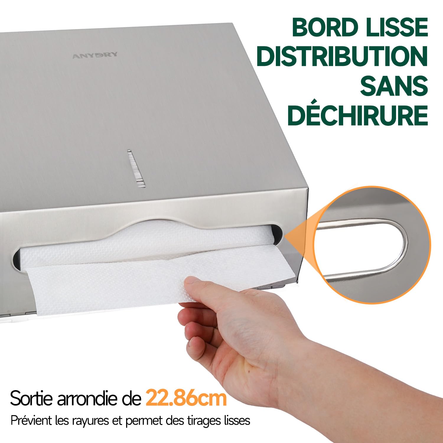 anydry Distributeur de Serviettes en Papier Mural – Capacité 250 Feuilles, INOX brossé, verrouillable, adapté aux Serviettes multifold/Z-Fold (Taille pliée ≤ 27 cm x 10 cm) Brossé