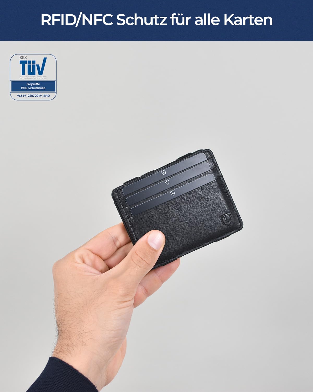 Lederhand® Magic Wallet – Echt Nappaleder Geldbörse handgemacht für Herren und Damen flaches Portemonnaie mit Münzfach und Platz für 8 Karten | Farbe Schwarz