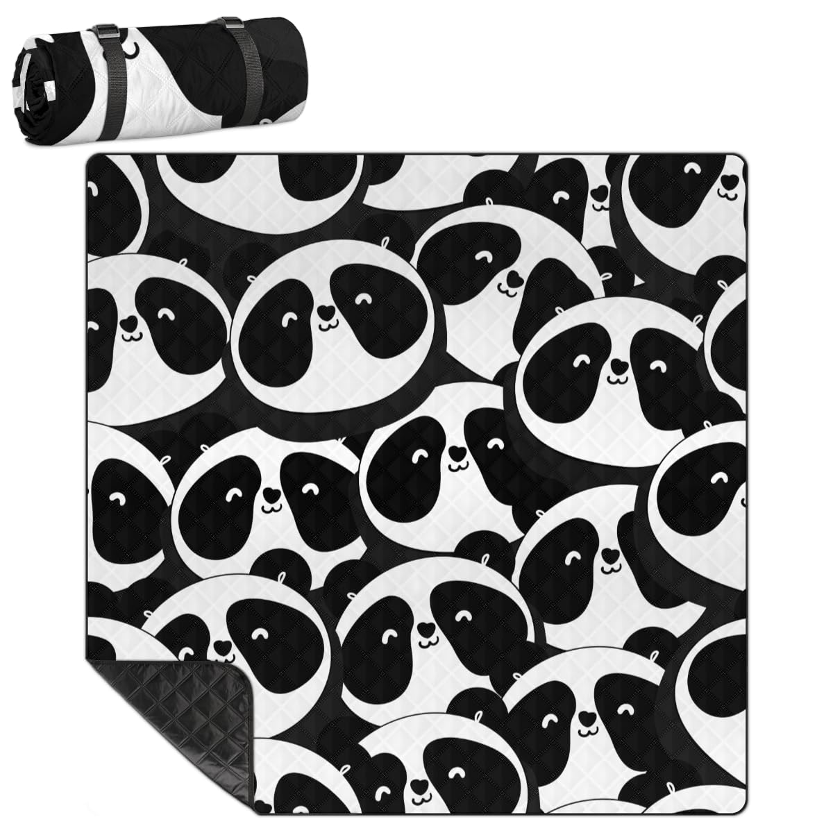 Shimoshe Extra Large Picnic Blankets 79”x 79”, Panda Head Print Waterproof Foldable Picnic Mat with Straps Portable Beach Blanket for Camping Park Grass Beach Indoor