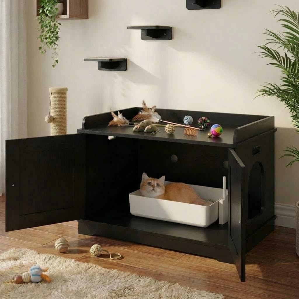 Modernes Katzenklo Schrank, Katzenhaus mit Verstecktem Katzenstreu | Katzenklo-Gehäuse für die Meisten Katzen, Aufbewahrung & Belüftung Holz-Katzenhaus, Einfache Reinigung 72 x 44 X 40cm,Schwarz