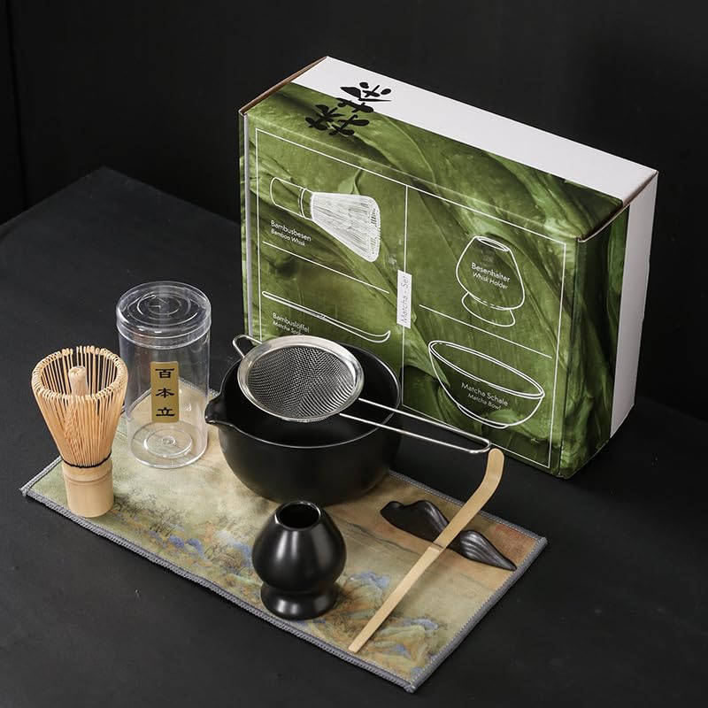 DEONG Japanese Matcha Tea Set, Matcha Whisk, Traditional Scoop, Matcha Bowl, Ceramic Whisk Holder Tea Making Kit - The Perfect Matcha Set (Set of 7) (Black Matcha Bowl with Pouring Spout)