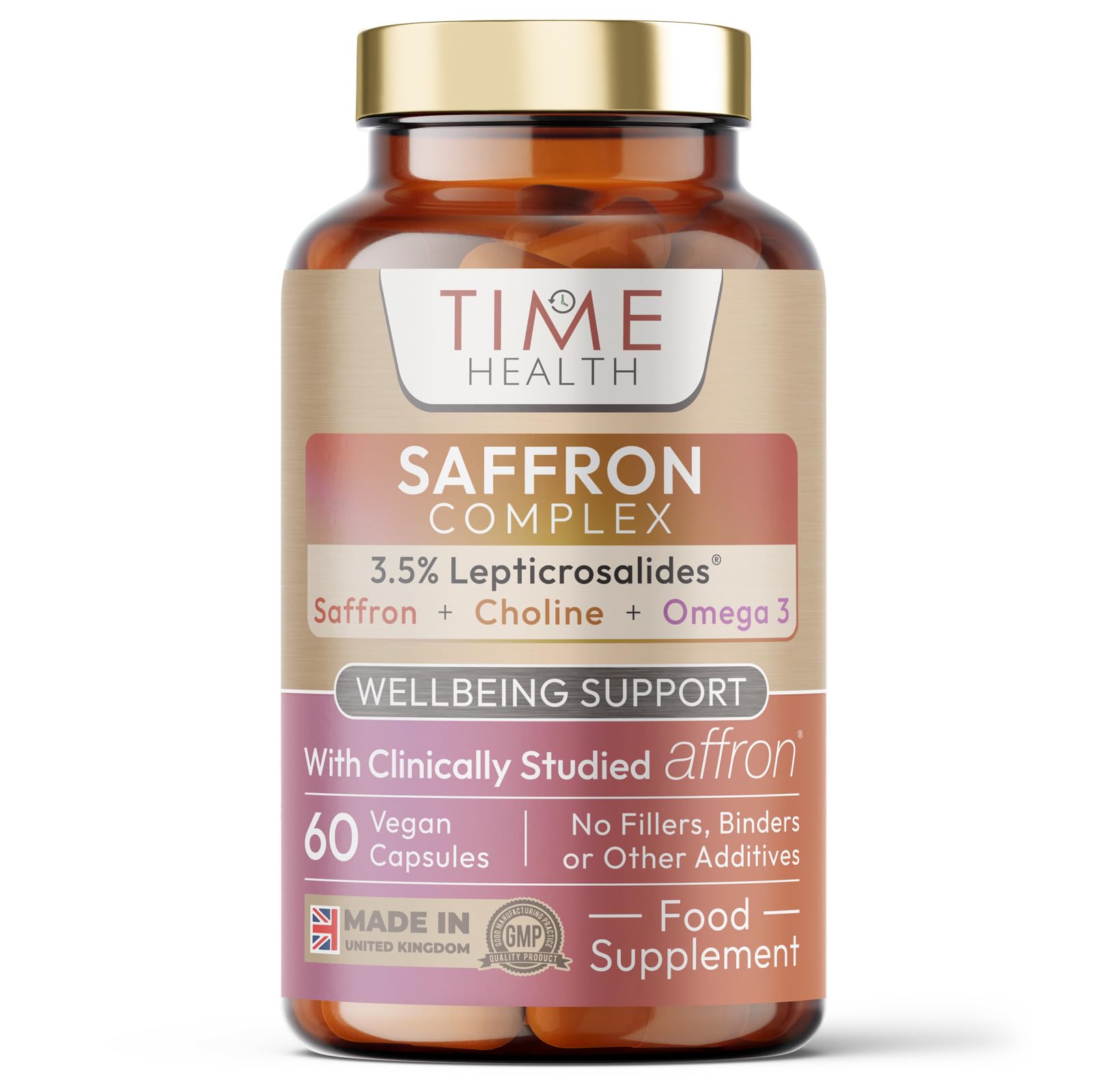 Time Health Saffron Complex - 3.5% Leptricrosalides® - Saffron, Choline, Quercetin & Omega 3-60 Capsules - UK Made - Zero Additives - Vegan - Pullulan (60 Capsule Bottle)
