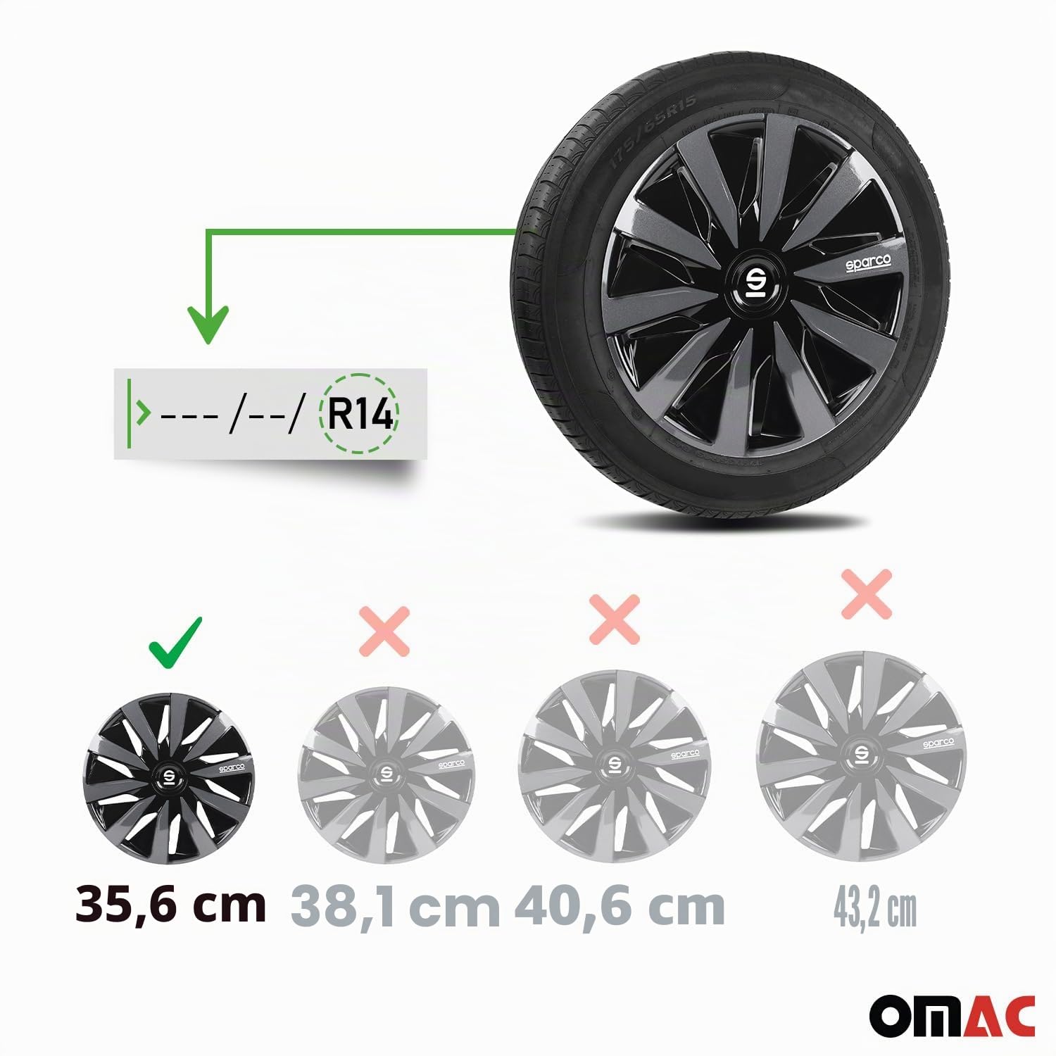 Sparco Set 4 copricerchi 14" pollici copriruota auto Lazio SPC1491BKGR nero grigio