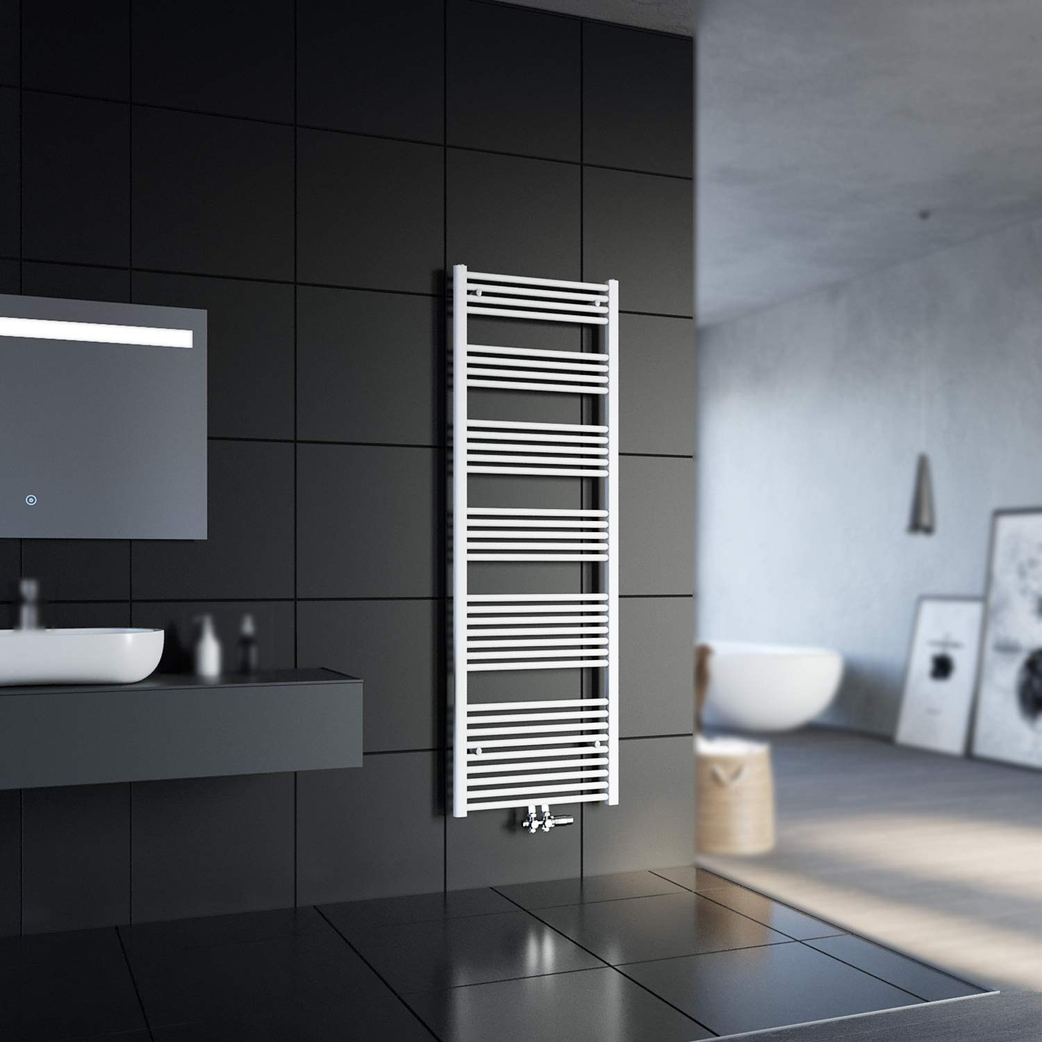 SONNI Grzejnik łazienkowy, 1800 x 600 mm, suszarka na ręczniki, biała, 821 W, designerska, ogrzewanie, przyłącze środkowe z białym termostatem multiblokowym