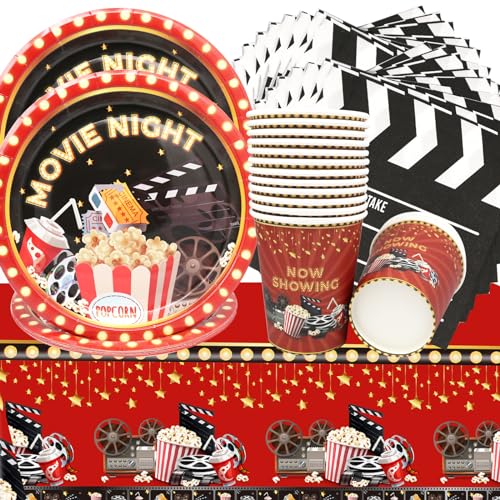 Doyomtoy Louça para festas de cinema, 53 peças decoração para festas de noite de cinema toalhas de mesa pratos de jantar guardanapos de papel copos de papel adequado para a noite de cinema, festas de aniversário