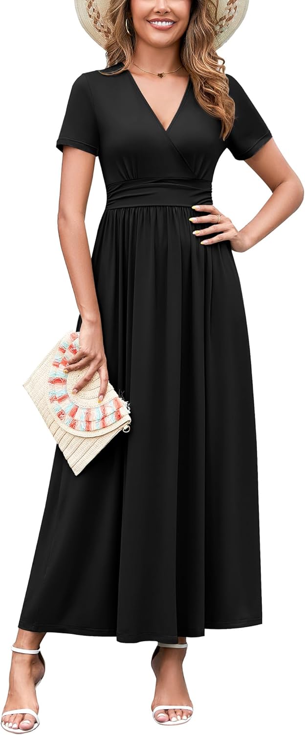 WEACZZY 2026 Summer Long Dresses for Women Wrap Empire Pleated Waist V Neck Short Sleeve Elegant Maxi Dress with Pockets