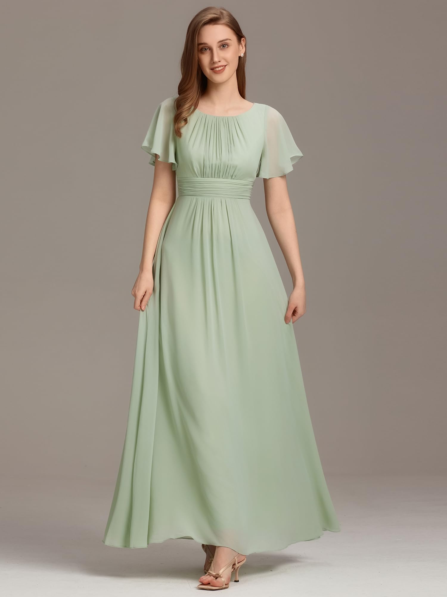Ever-Pretty Robes de Demoiselle d'honneur Col Ronde Manches Courtes Mousseline Maxi Robe évasée ES01840