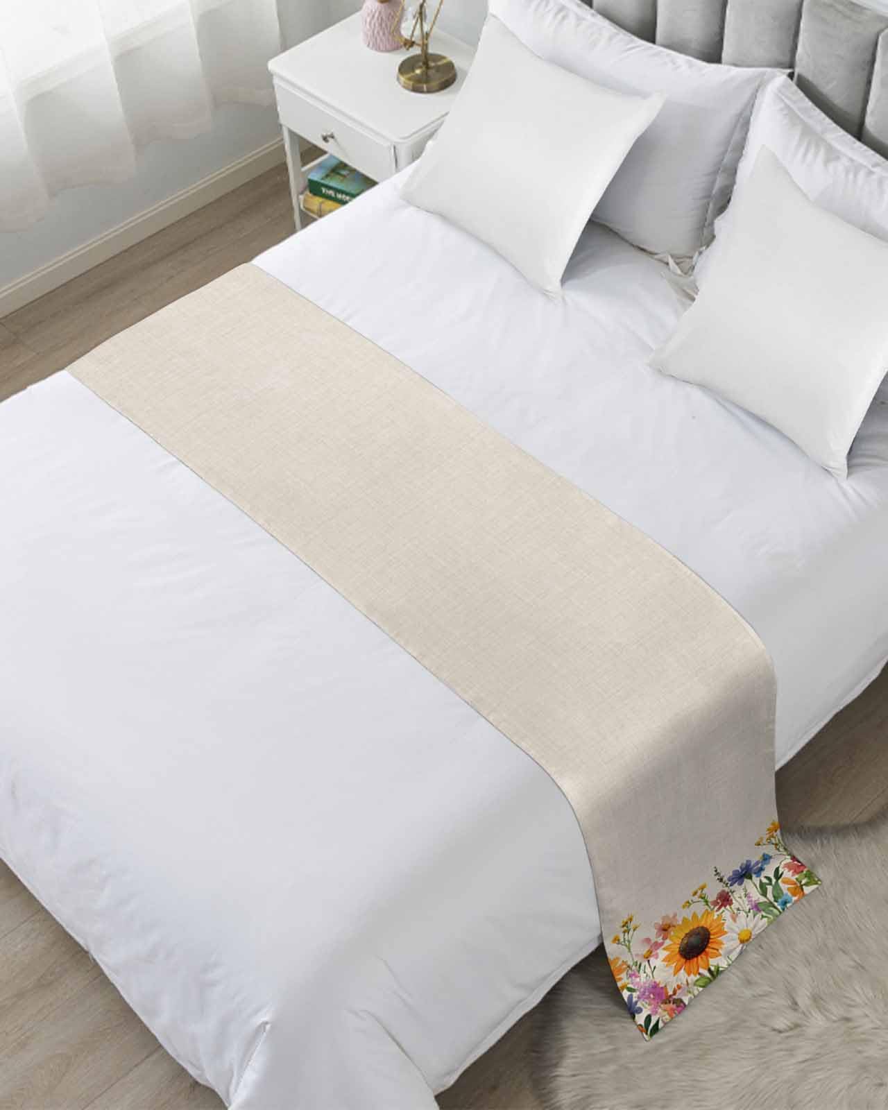 DecorLovee Spring Sunflowers Bed Runners for Twin Size Bed, Decorative Bed Throws for Foot of Bed, Pastoral Botanical Floral Leaf Plant Beige Bed Runner Sofa Throw Bedding Scarf Protector for Bedroom