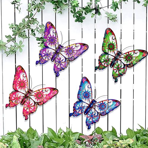 Pipilily 4 Pieces Metal Butterfly Wall Art Decor, Outdoor Indoor Fence Metal Wall Sculptures, Hanging Decoration for Garden Yard Living Room Bedroom Patio Balcony (Color Set 2)