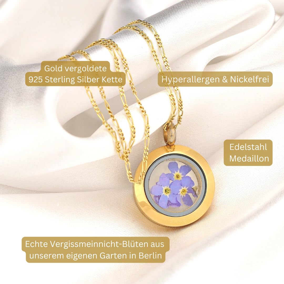 MadamLili 925 Sterling Silber Medaillonkette für Frauen, Gold Vergoldet | Echte Vergissmeinnicht-Blüten aus Berlin, Handgefertigt, Erinnerungsstück, Symbol für Liebe & Treue