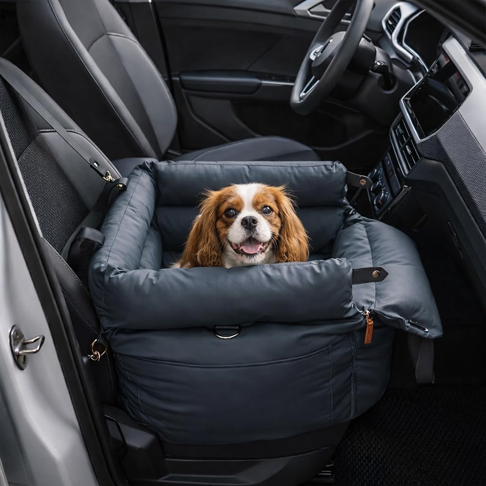 YJTJP Dog Car Seat, Waterproof Faux Leather 3-in-1 Travel Dog Bed for Medium Small Dogs (Up to 20kg), Portable Booster Seat with Metal Buckles, Washable Cover & Safety Leash (Smoky Blue)