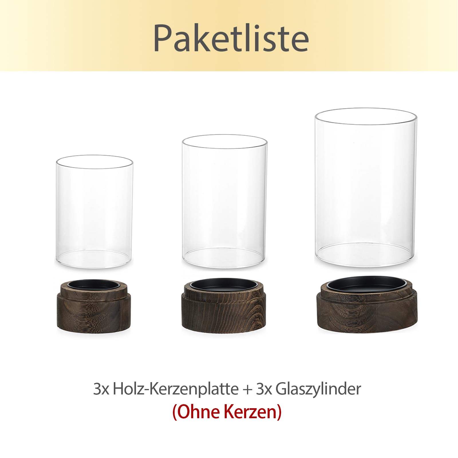 Hewory 3 Windlicht Glas Groß mit Holzsockel für Deko Wohnzimmer Boho Set | Div. Größen, Stabil, Pflegeleicht, Kerzenhalter mit Abnehmbarem Glaszylinder für Tischdeko Garten Terrassen Outdoor Party