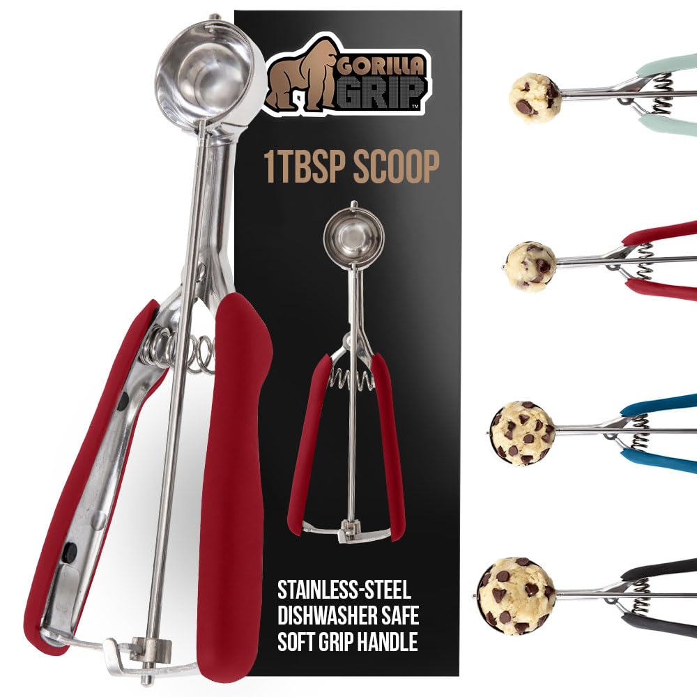 Gorilla GripStainless Steel Multipurpose BPA-Free Spring Scoop, 1 TBSP, for Melon, Cookie Dough, Ice Cream Scoops, Perfect Portion Sizes, Easy Squeeze and Clean Release, Scooper Size 60, Red
