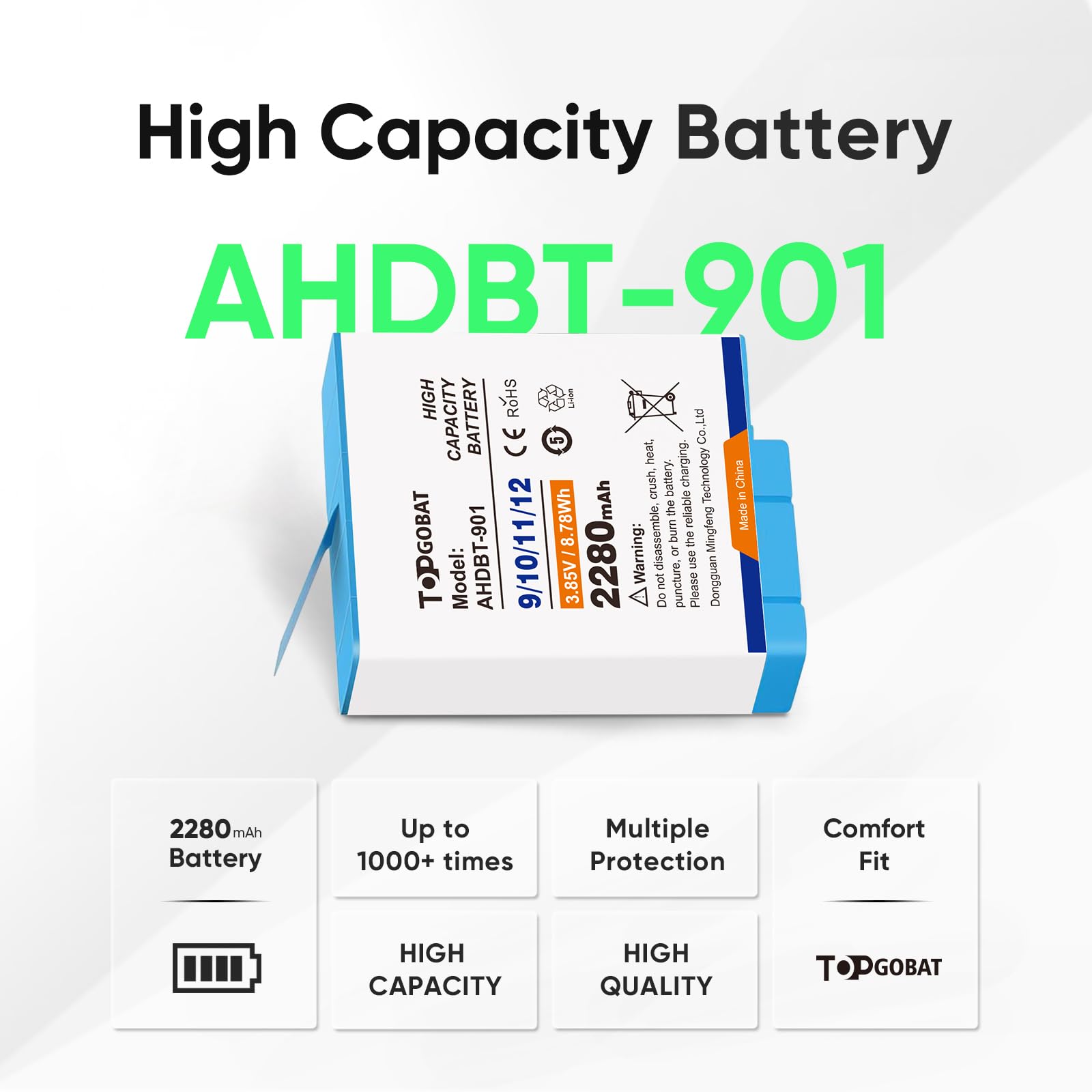 Lot de 2 batteries de rechange AHDBT-901 pour GoPro Hero 9/10/11/12 Noir 2280 mAh 3,85 V 8,78 Wh Li-ion rechargeables pour caméra d'action