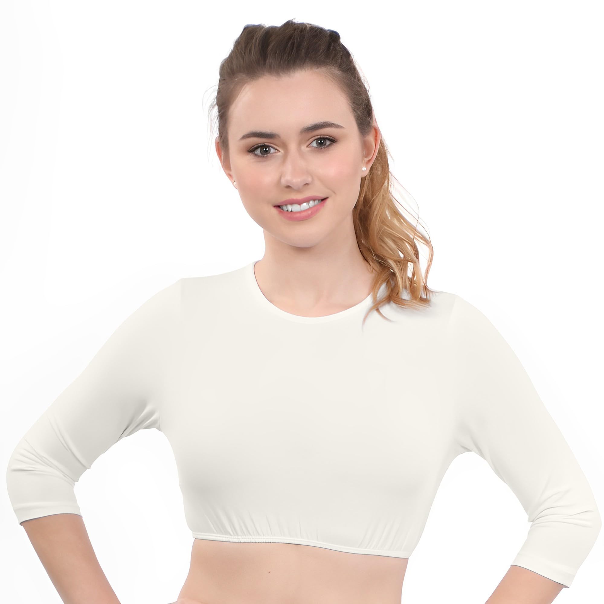 Kosher Casual Women's Modest High Neck Cropped Layering Shell - Cotton Spandex 3-4 Sleeve Base Pullover Top