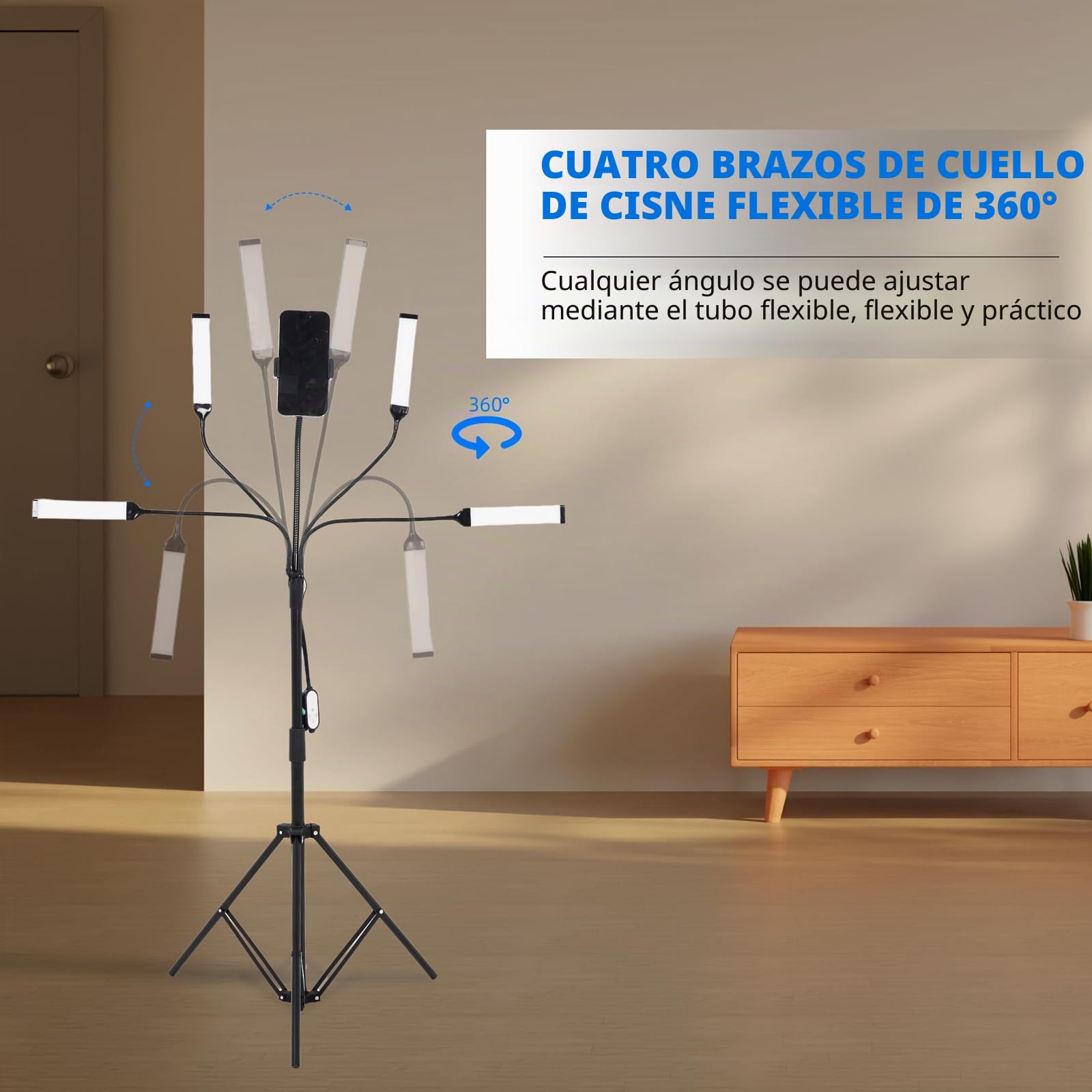 Luz LED de Cuatro Brazos para Fotografía, Lámpara Cosmética, Luz de Pestañas con Trípode y Soporte para Teléfono para Maquillaje, Pestañas, Cejas, Tatuaje, Manicura, Stream, Fotografía de Producto