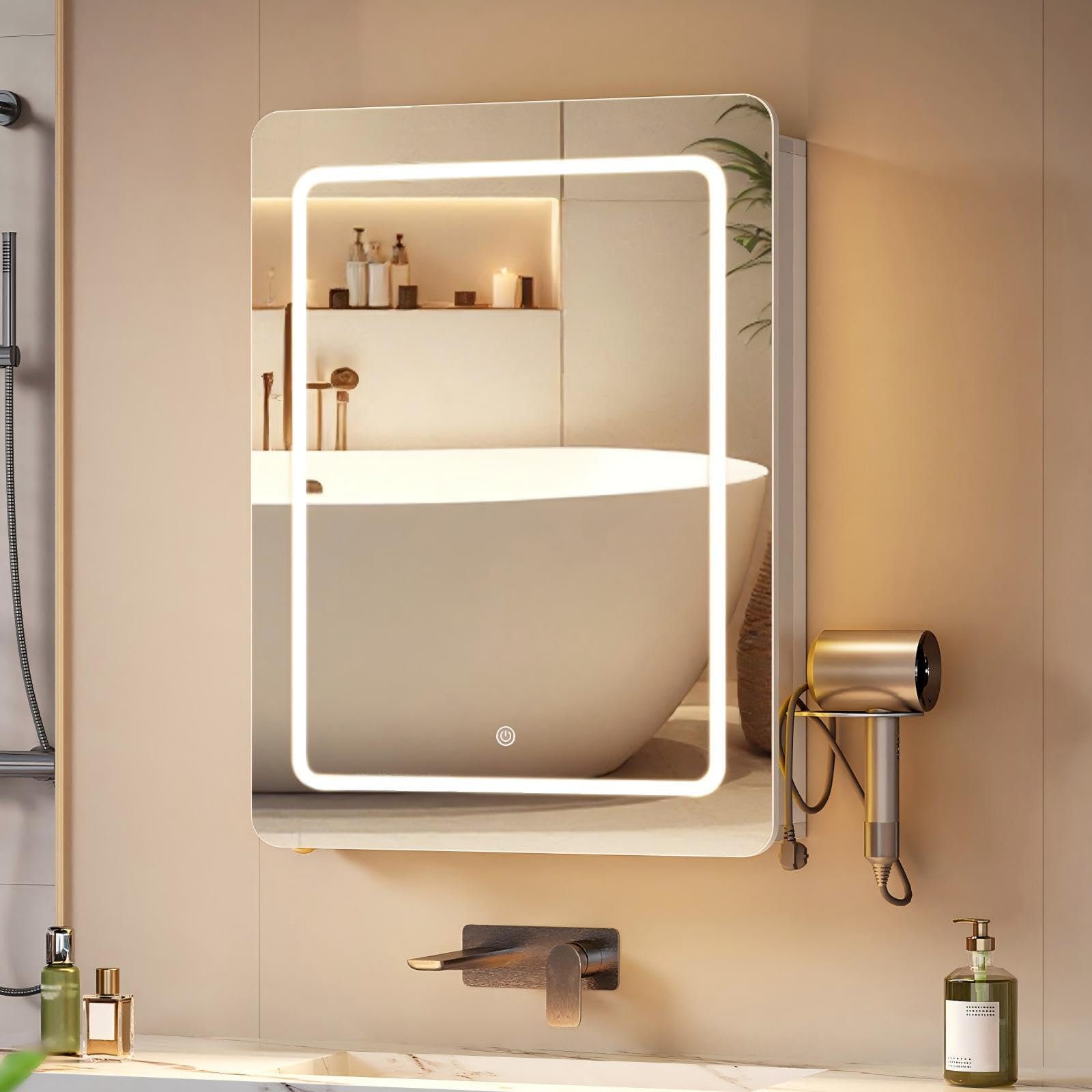 Hzuaneri Armario Espejo Baño, Armario Baño Pared con Espejo y Luz LED, 3 Temperaturas de Color Regulables, Estantes Ajustables, 16,5 x 50 x 70 cm, Blanco MC30103XEU
