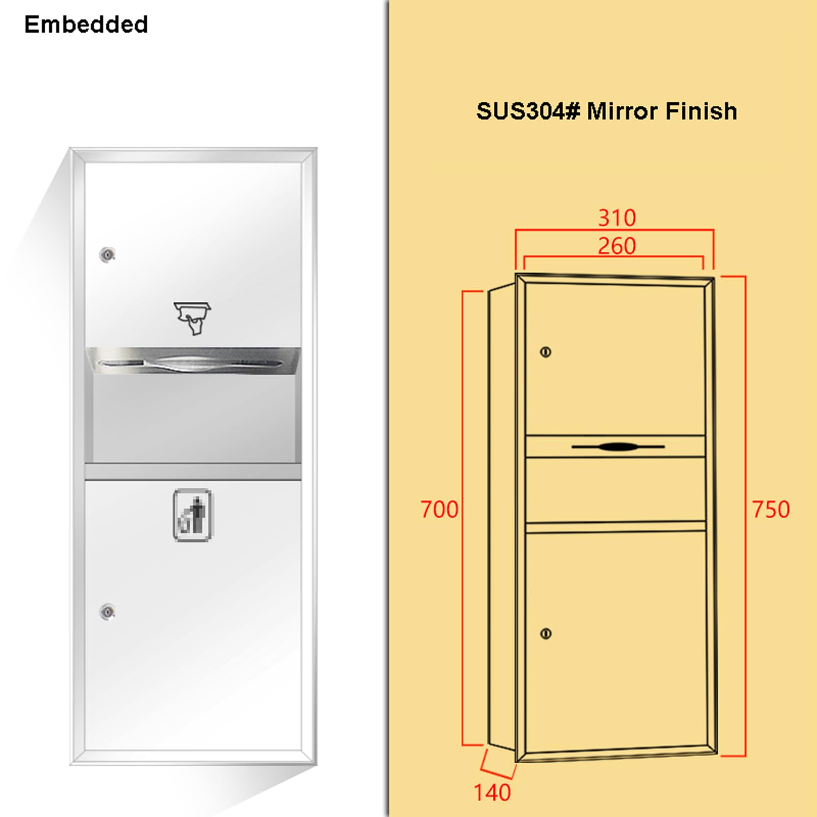 Distributeur d'essuie-Mains encastré avec Poubelle, Distributeur d'essuie-Mains en Acier Inoxydable, Poubelle, Distributeur de Papier Toilette Commercial avec Serrure à clé pour hôtel