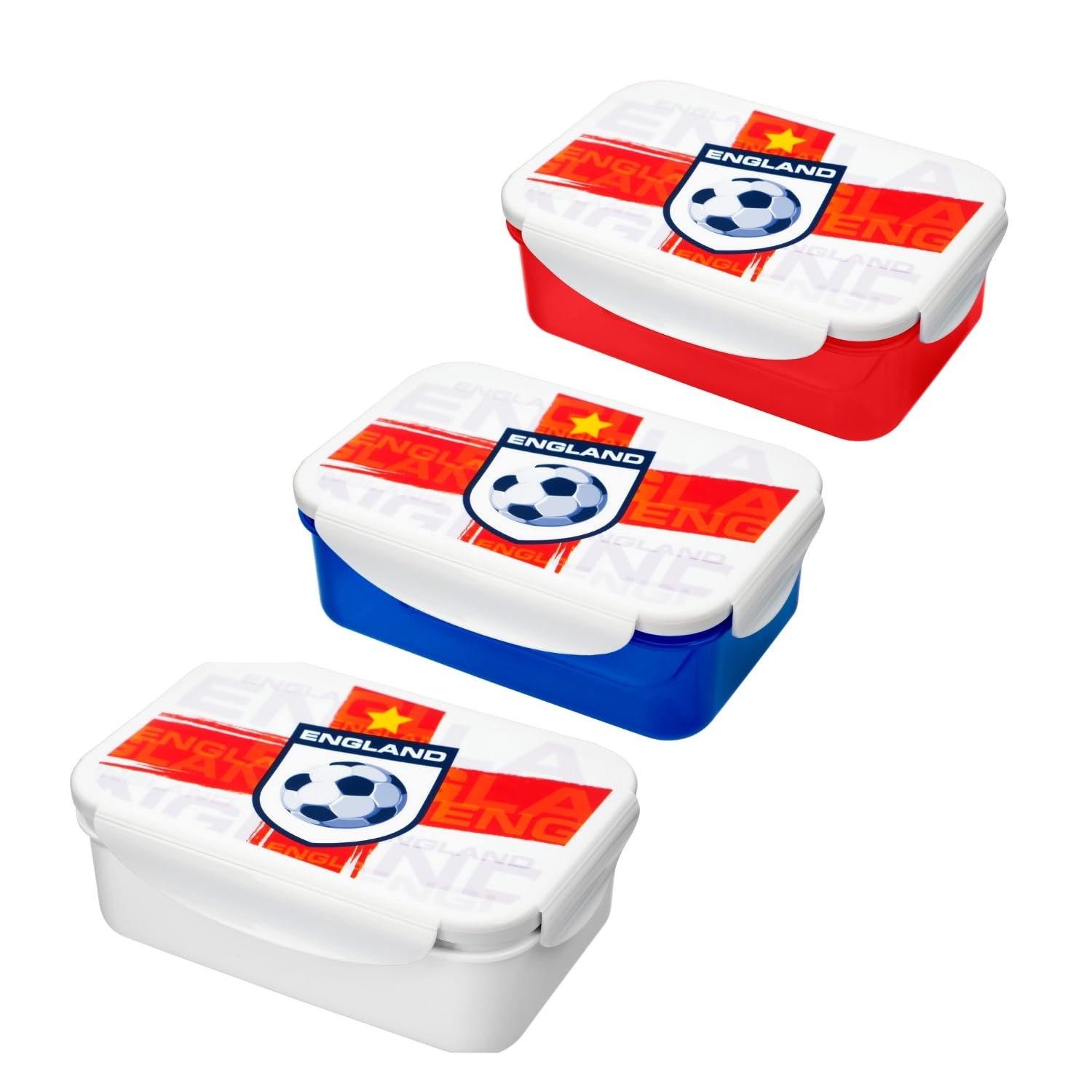 HOMESHOPA Plastic Lunch Box, Red/Blue/White 900ml 3 Pack Clip & Lock Airtight Food Storage Containers, England Football Print BPA Free Leakproof Reusable Sandwich Boxes