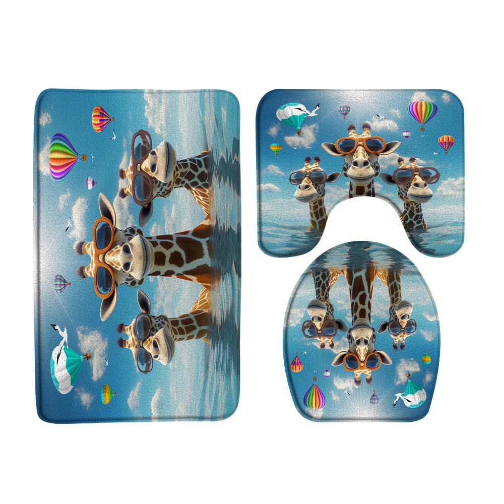 3PCS Funny Giraffe Bath Mat Set Cute Animal Wearing Glasses in Ocean Hot-air Balloon Seagull Wildlife Bathroom Kitchen Floor Mat Doormat,Toilet Lid Cover and Bath Mat Microfiber Home Decoration Rug