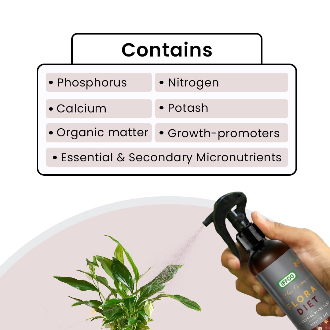 IFFCO Urban Gardens - Flora Diet - 2 Litre - Liquid Plant Food For Flower Boost in Plants - Balanced Macro Micro Nutrients & Growth Hormones for Rose, Jasmine etc - Ready-To-Use Spray 2